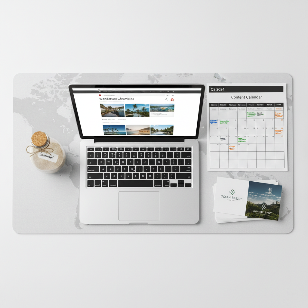A meticulously arranged flat lay of tourism marketing tools spreads across a matte white tabletop: a silver laptop with a tourism blog homepage open, a printed content calendar with color-coded highlights, a stack of branded accommodation postcards, and a small glass jar of sand labeled with a popular destination name. A subtle world map is faintly printed on a desk mat beneath. Diffused daylight from above casts soft, even lighting with minimal shadows, emphasizing clarity and organization. Captured directly overhead with sharp focus across the frame, the photographic realism and minimalist style create a calm, strategic atmosphere, perfect for illustrating tourism insights and campaign planning for hospitality brands.