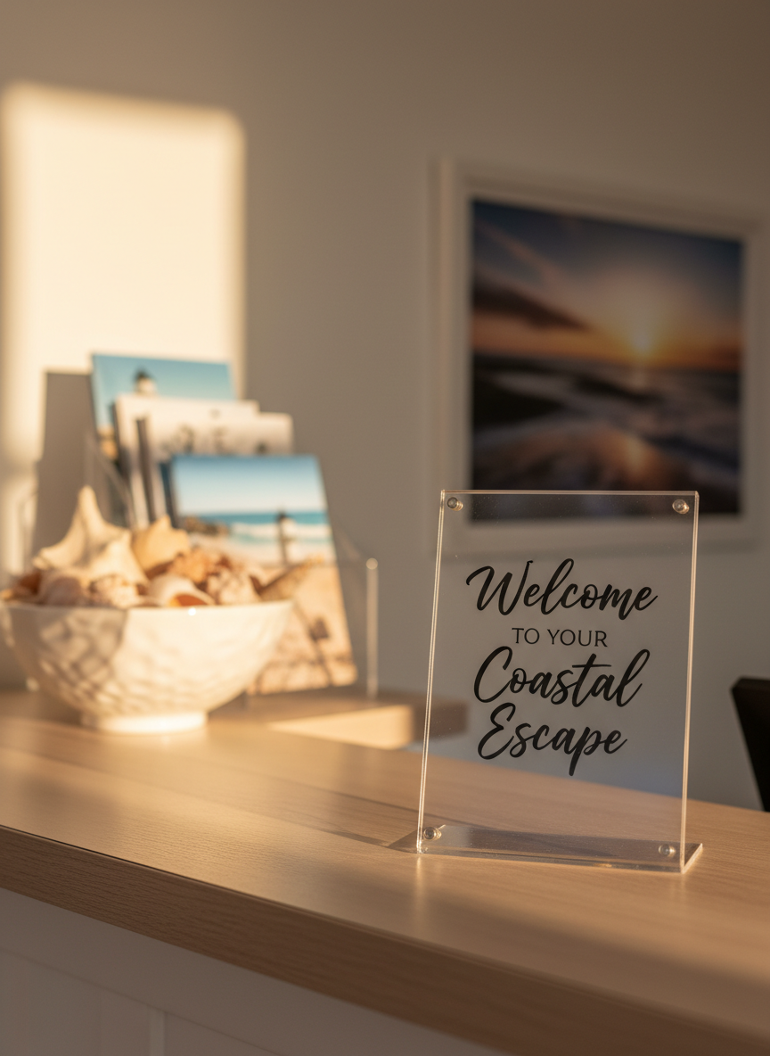 An elegant reception countertop in a boutique coastal hotel features an upright acrylic room sign reading “Welcome to Your Coastal Escape” in refined typography. Behind it, a blurred, curated display of local brochures, a framed regional landscape photograph, and a ceramic bowl filled with polished shells suggests destination storytelling. Soft golden-hour light pours through unseen windows, catching on the acrylic edges and creating a warm, inviting glow. The composition follows the rule of thirds at eye-level, with crisp focus on the sign and gentle bokeh in the background. Photographic realism and a clean, modern aesthetic convey a polished, professional tourism brand that guests will remember and recommend.