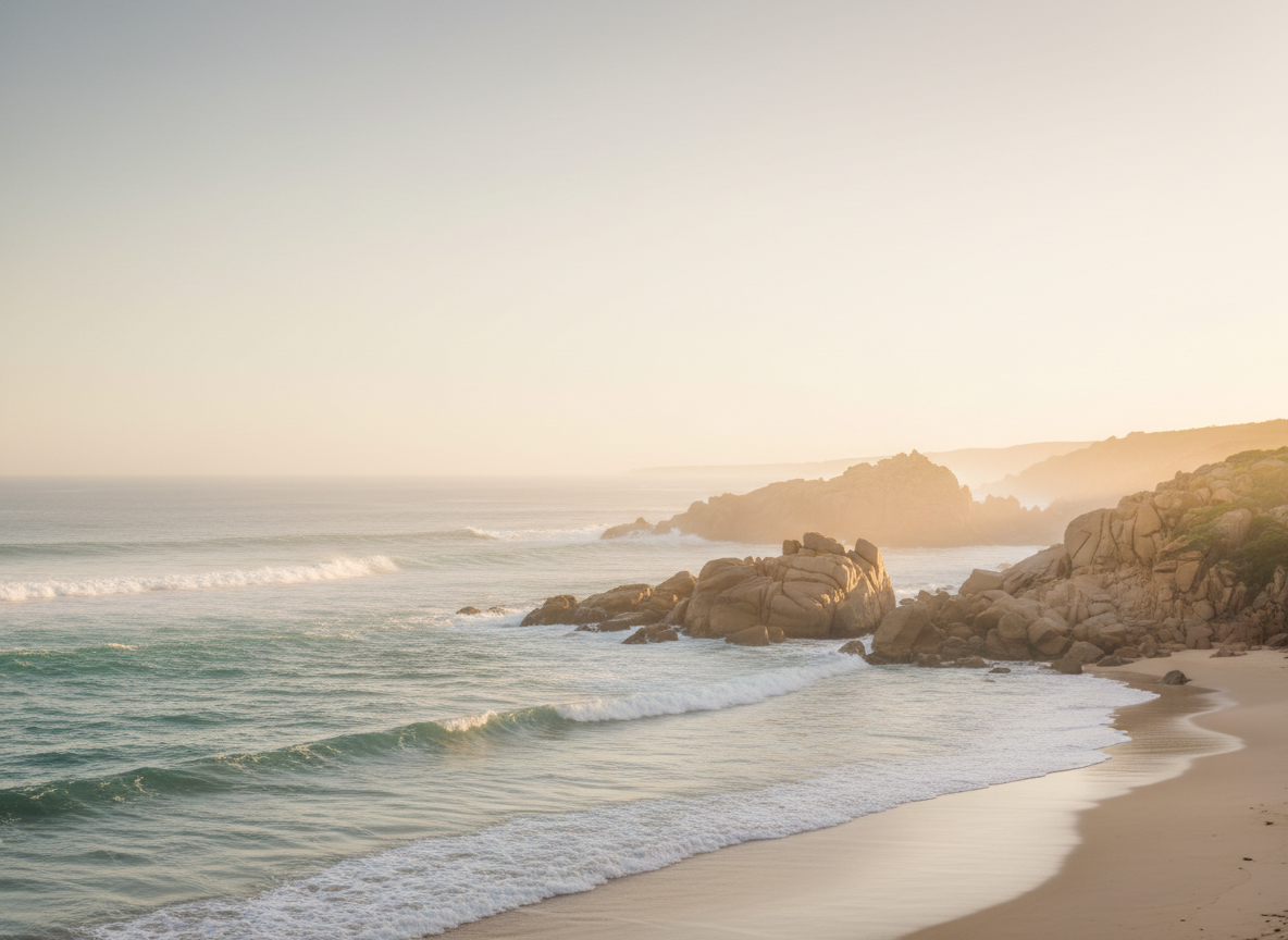An elegant, editorial-style landscape photograph of South West Western Australia tourism: a quiet coastal scene with rugged shoreline, turquoise water, soft golden light and subtle mist, framed to leave lots of negative space for text. No people, no corporate feel, muted warm ivory and soft sand tones, calm and premium.